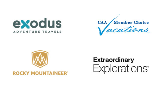 Logos for Exodus, CAA Member Choice Vacations, Rocky Mountaineer and Extraordinary Explorations