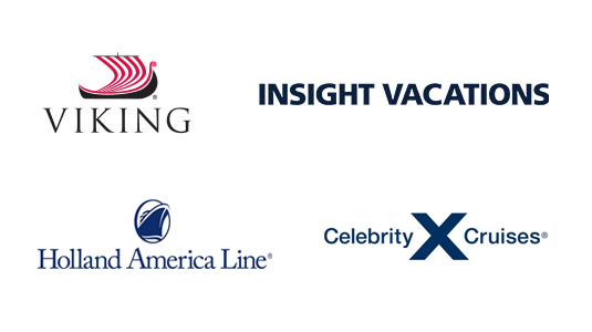 Logos for Viking, Insight Vacations, Holland America Line and Celebrity Cruises