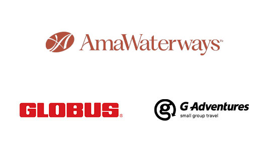 Logos for AmaWaterways, Globus and G Adventures