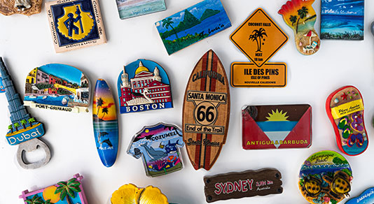 Shot of various travel magnets