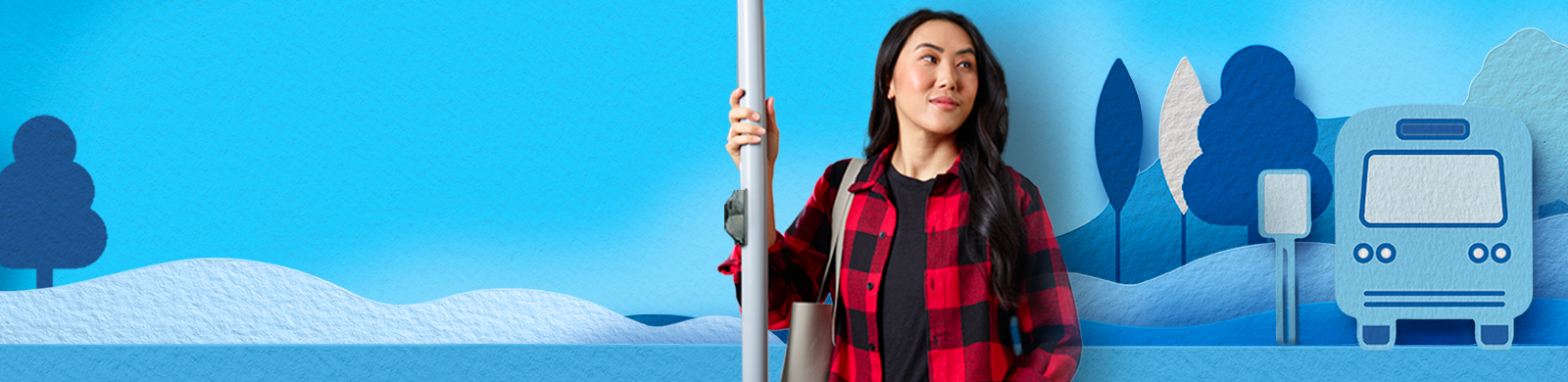 Woman holding on to a pole waiting for the bus