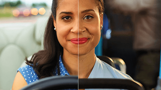 An image of the same woman split in the middle where on the left she is driving a car and on the right she is taking a bus