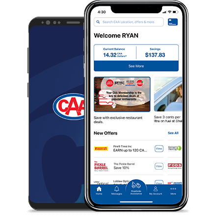 Phone featuring the CAA Mobile App home screen.