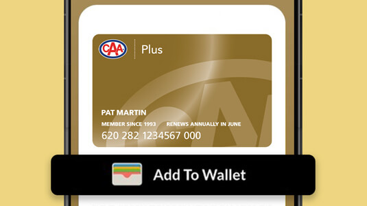 Phone featuring close up of CAA Mobile App Membership Card screen.