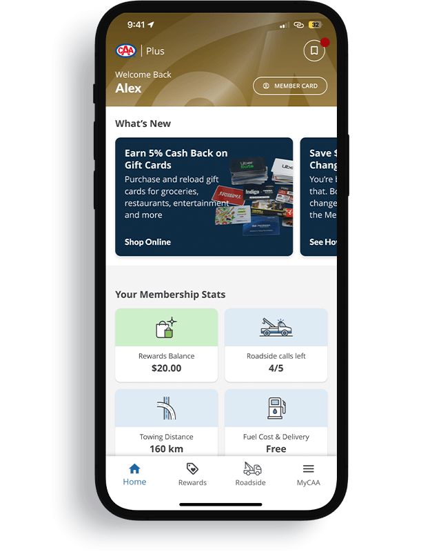 Phone featuring the CAA Mobile App Home screen.