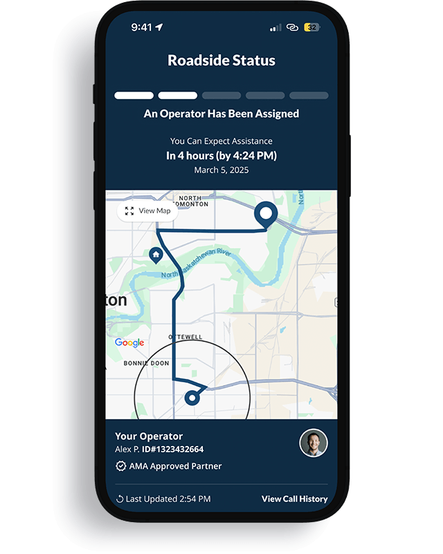 Phone featuring the CAA Mobile App Roadside Assistance Status screen.
