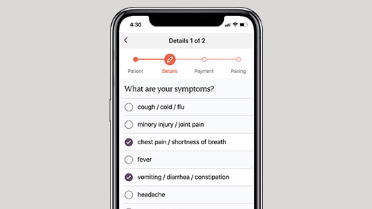 A mobile phone screen displaying the Maple Virtual Care app, asking the patient to select the symptoms they are experiencing.