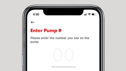 A screenshot of the "Enter Pump Number" screen of the Shell app.