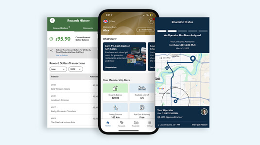Phone featuring the CAA Mobile App Home screen, Reward History screen, Roadside Status screen.