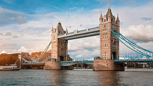 View of London’s Tower Bridge and Thames River.