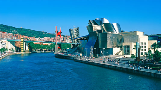 View of the Guggenheim Museum next to the Nervion River.