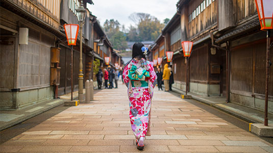 Woman in kimono walking down a traditional street.