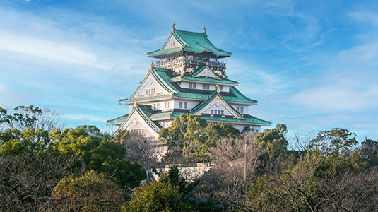 Osaka Castle rising above the surrounding forest