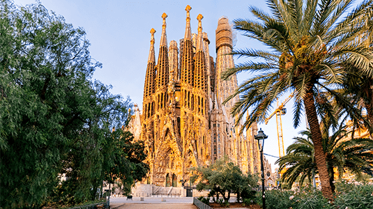 Sagrada Familia basilica surrounded by palm trees.