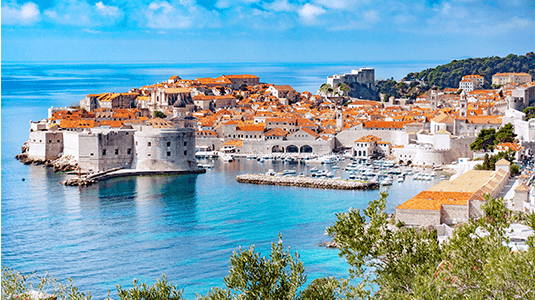 Dubrovnik harbour and Old Town along the coast.