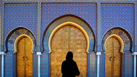 Woman standing before Royal Palace ornate brass doors.