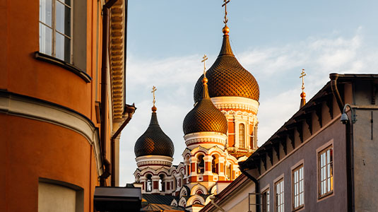Alexander Nevsky Cathedral peeking over rooftops.