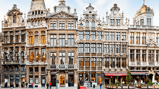 Ornate guildhall buildings at Grand Place in Brussels.