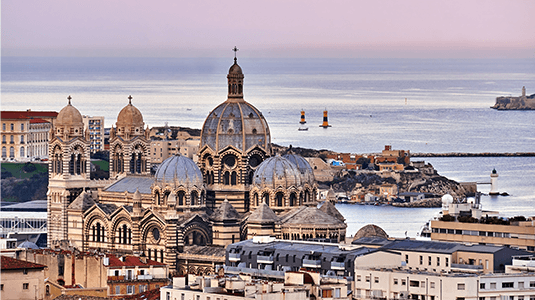 Morning city harbour view with the Marseille Cathedral.