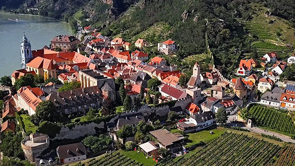 Aerial view of medieval town of Dürnstein, Austria.