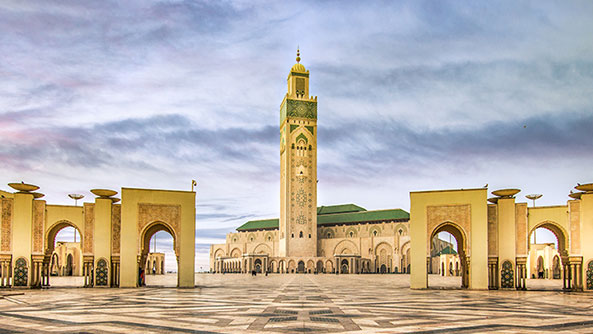Casablanca Mosque with dramatic cloudy skies.