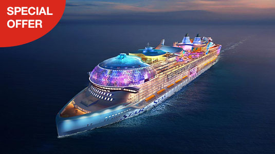 Colourfully lit up Royal Caribbean cruise ship. Special offer.