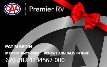 Black CAA Premier RV Membership Card with red bow.