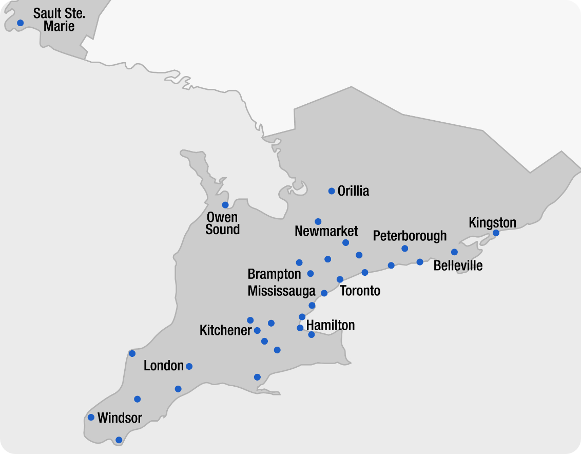 South Central Ontario Territory Map includes following towns: Sault Ste. Marie, OriIlia, Owen Sound, Barrie, Newmarket, Orangeville, Vaughan, Peterborough, Brampton, Pickering, Markham , Kingston, Belleville, Cobourg, Oshawa, Toronto, Mississauga, Oakville, Waterloo, Guelph, Burlington, Kitchener, Hamilton , Stoney Creek, Cambridge, Brantford, Simcoe, Sarnia, London, St. Thomas, Chatham, Windsor and Leamington