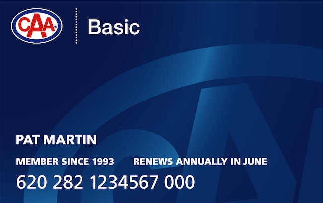 A blue CAA Basic membership card