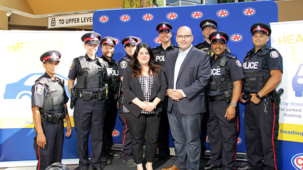 CAA Traffic Safety Coalition partners, launching the 2015 Heads Up! Ontario campaign, promoting awareness of the changes to the Ontario Highway Traffic Act, including distracted driving, cycling and Slow Down Move Over legislation.